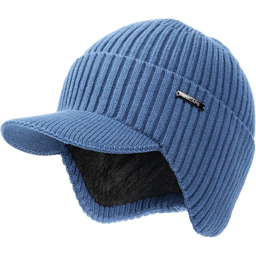 Men & Women Blue Beanie with Brim and Ear Flaps Fleece-Lined Hat